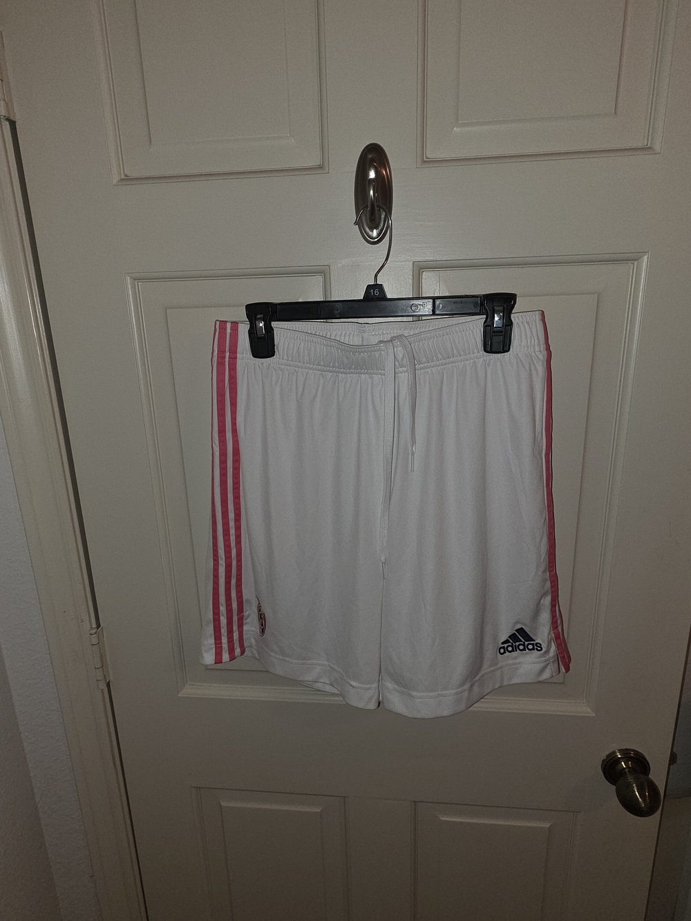 adidas Men's Real Madrid White Athletic Shorts with Pink Side Stripes